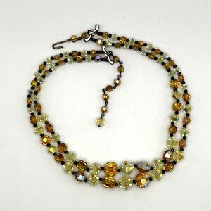 Vintage Two Strand Amber Yellow Aurora Borealis Glass Bead Facet Necklace 1950s